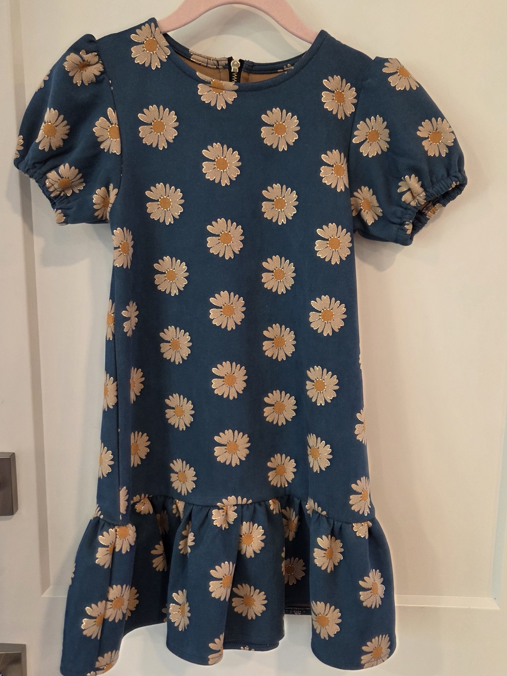 Kidpik Blue Daisy Dress Girls XS 5/6 Floral Puff Sleeve Ruffle Hem Soft Knit